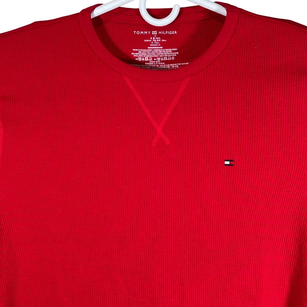 Tommy Hilfiger Mens Red Waffle Knit Thermal Long Sleeve Shirt Medium Flag Logo